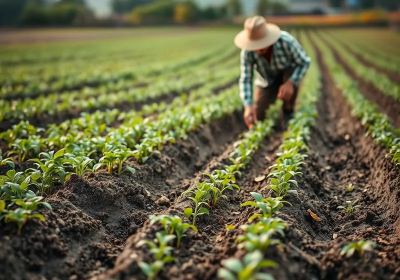 Farmer tending young seedlings in a field