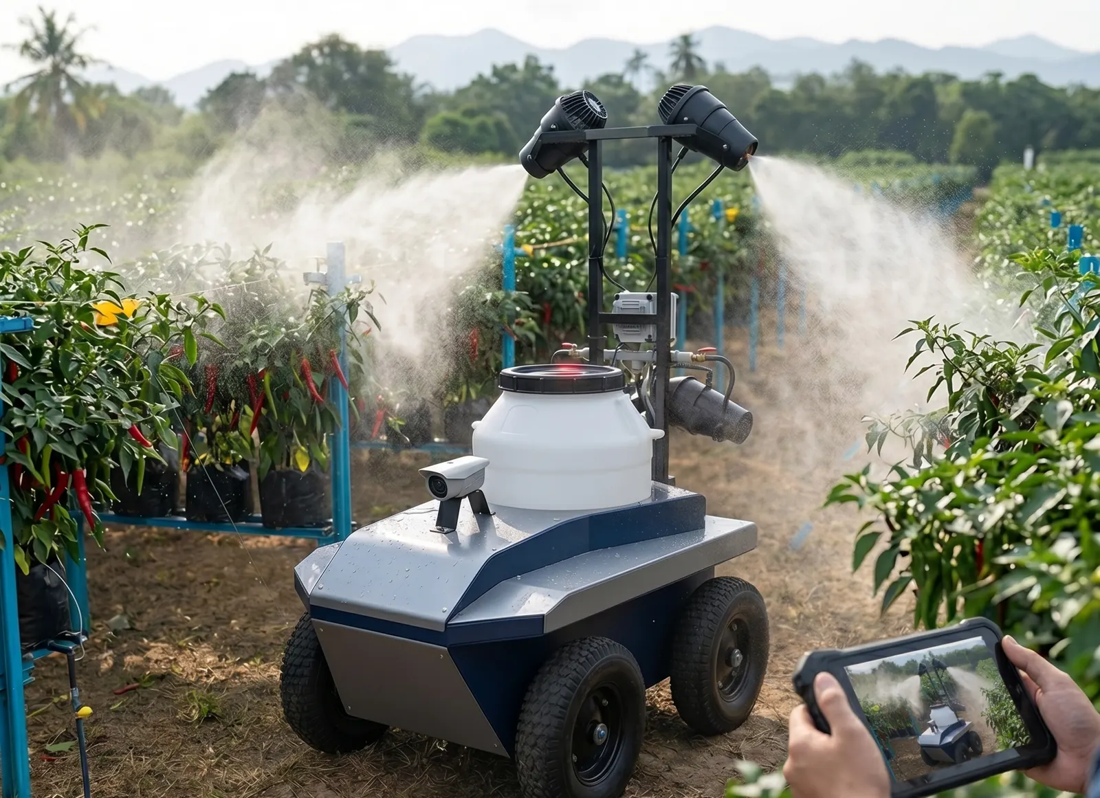 Concept render of our wheeled sprayer misting rows of chilli plants, watched on a handheld tablet