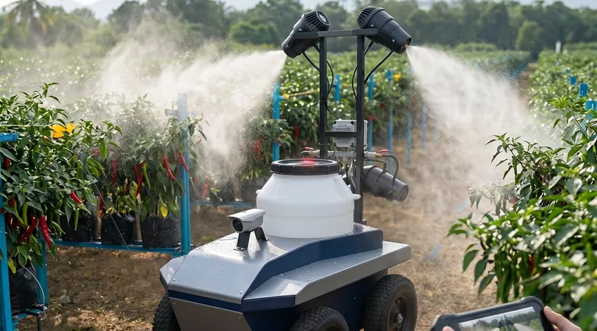 Concept render of the sprayer's fan misters spraying both sides of a chilli row