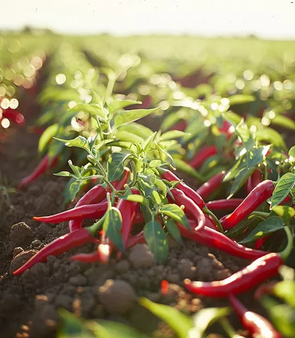 Ripe red chillies on plants in the field